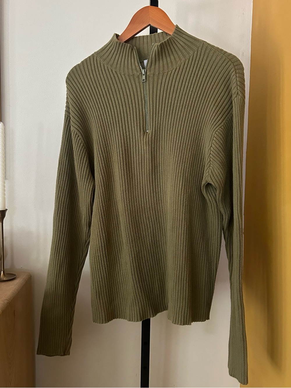 Y2K Old Navy Men's Ribbed 1/4 Zip Sweater 100% Cotton Knit Mock Neck Green Large